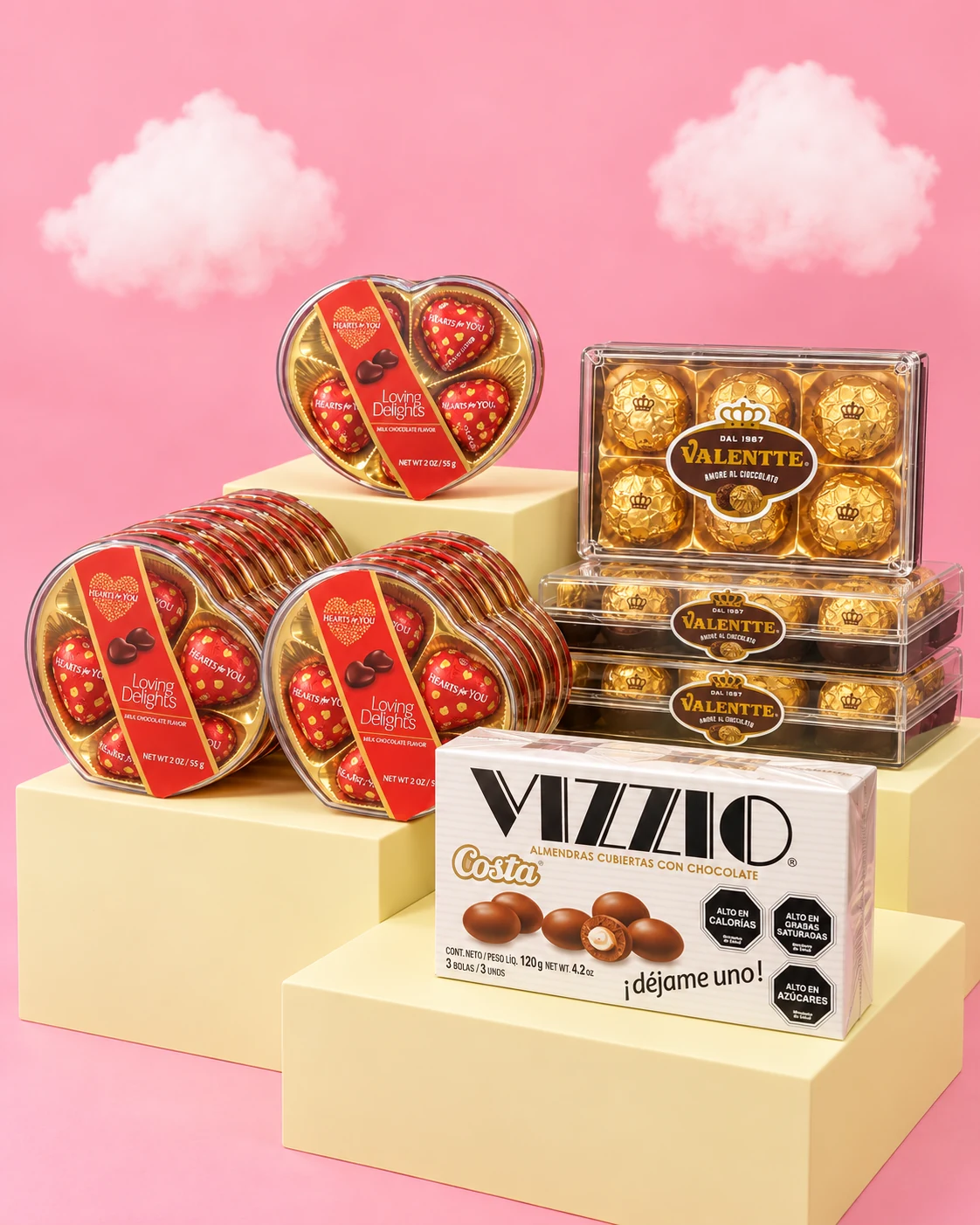 Surtido de chocolates sobre bases amarillas con fondo rosado