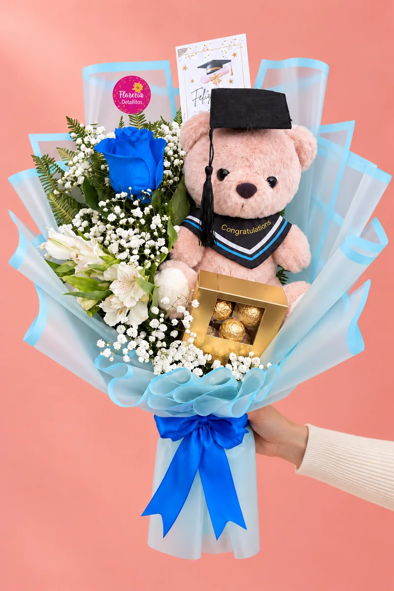 Ramo azul con peluche de graduación