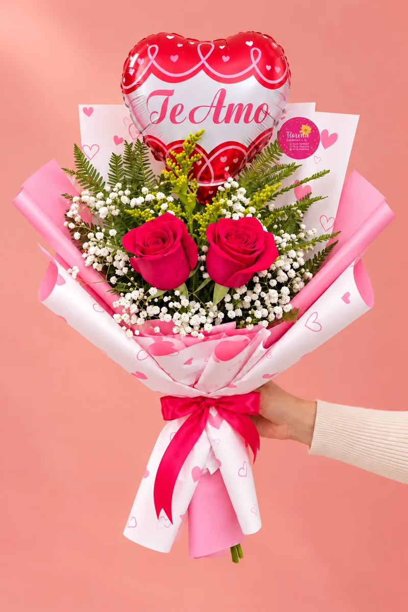 Ramo de rosas rojas con globo de amor