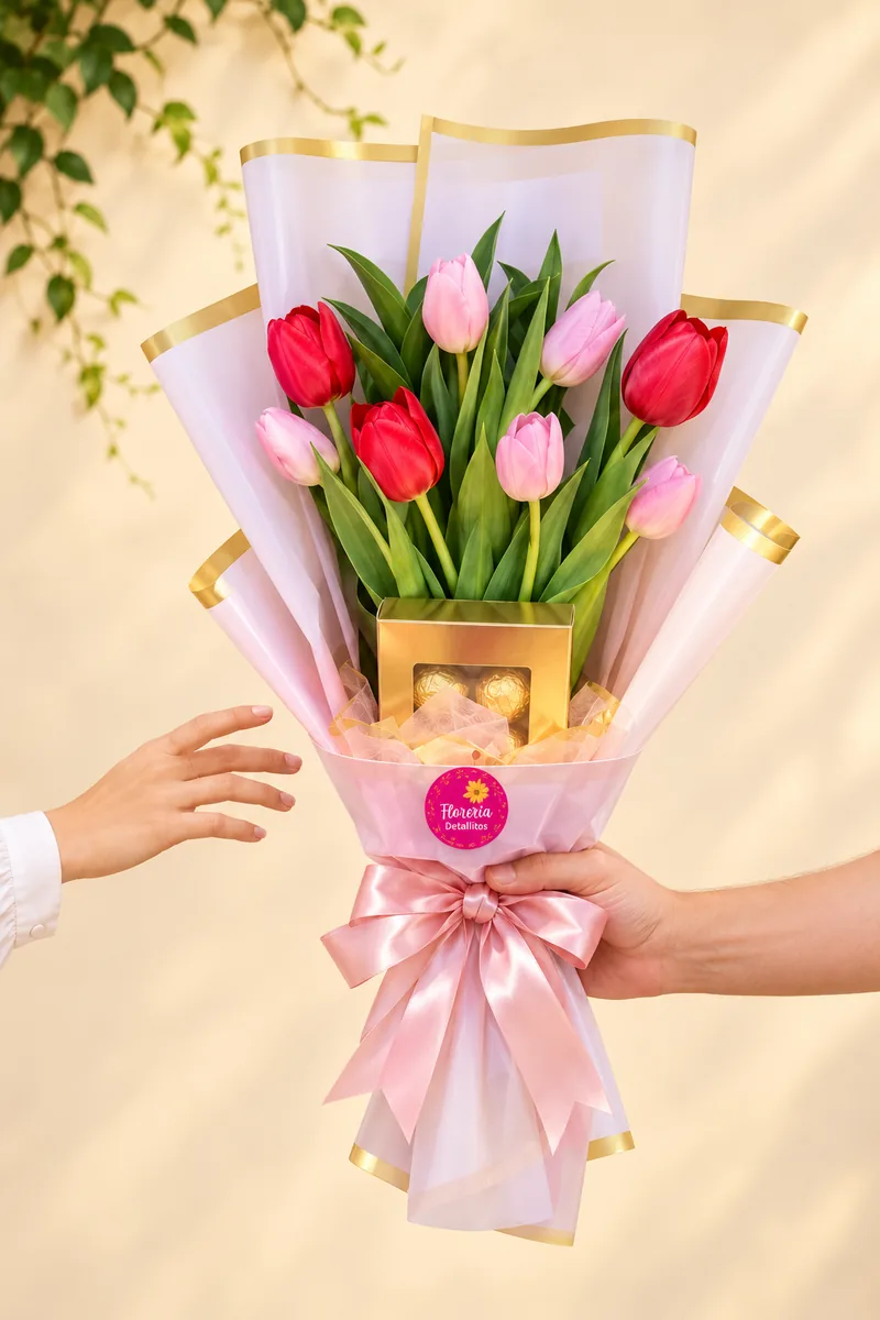 Tulipanes rosados con chocolates
