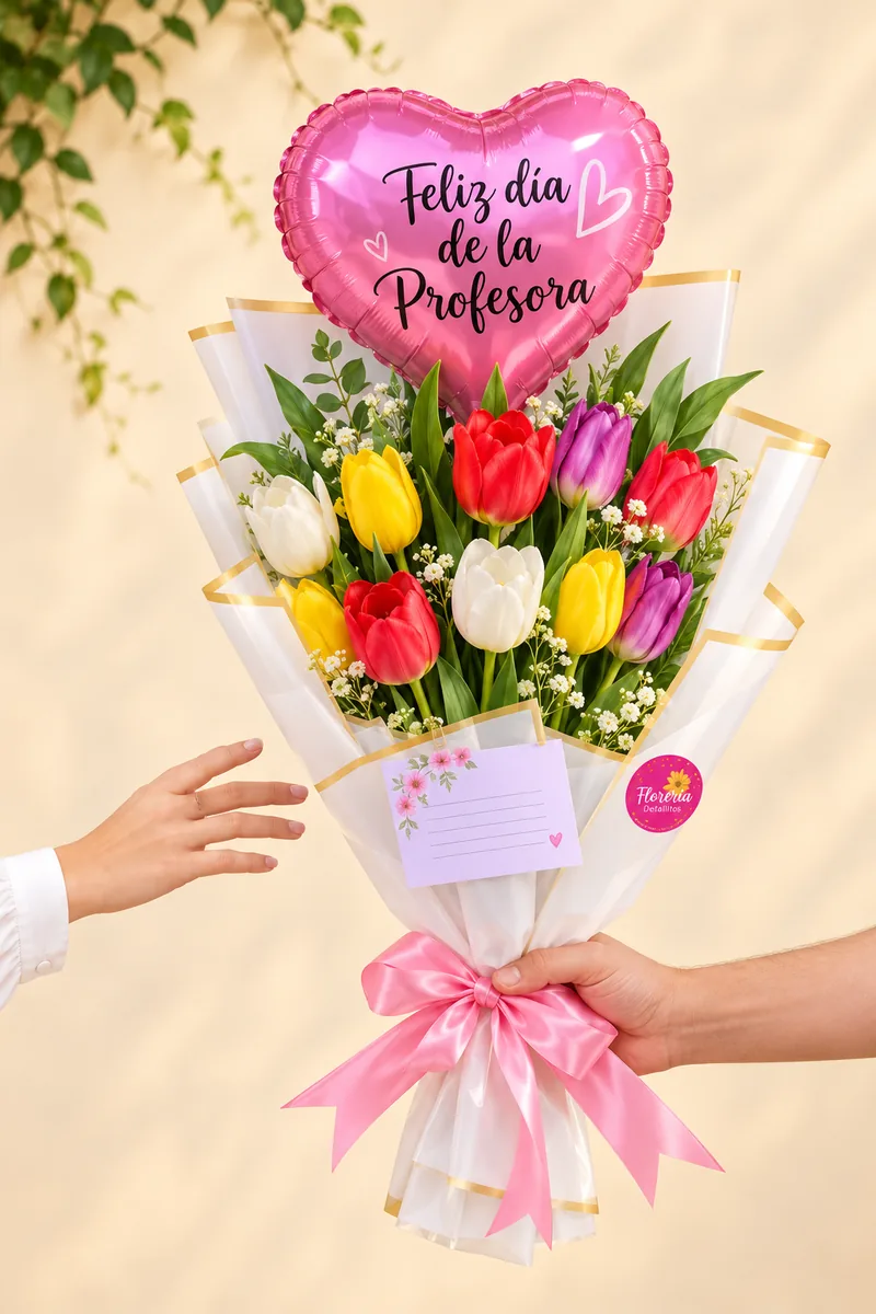 Tulipanes con globo para profesora