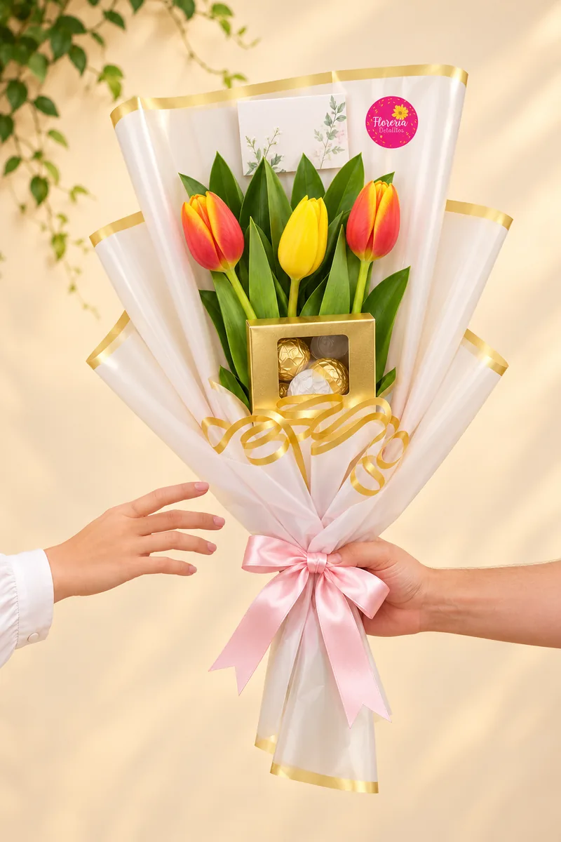 Tres tulipanes con chocolates