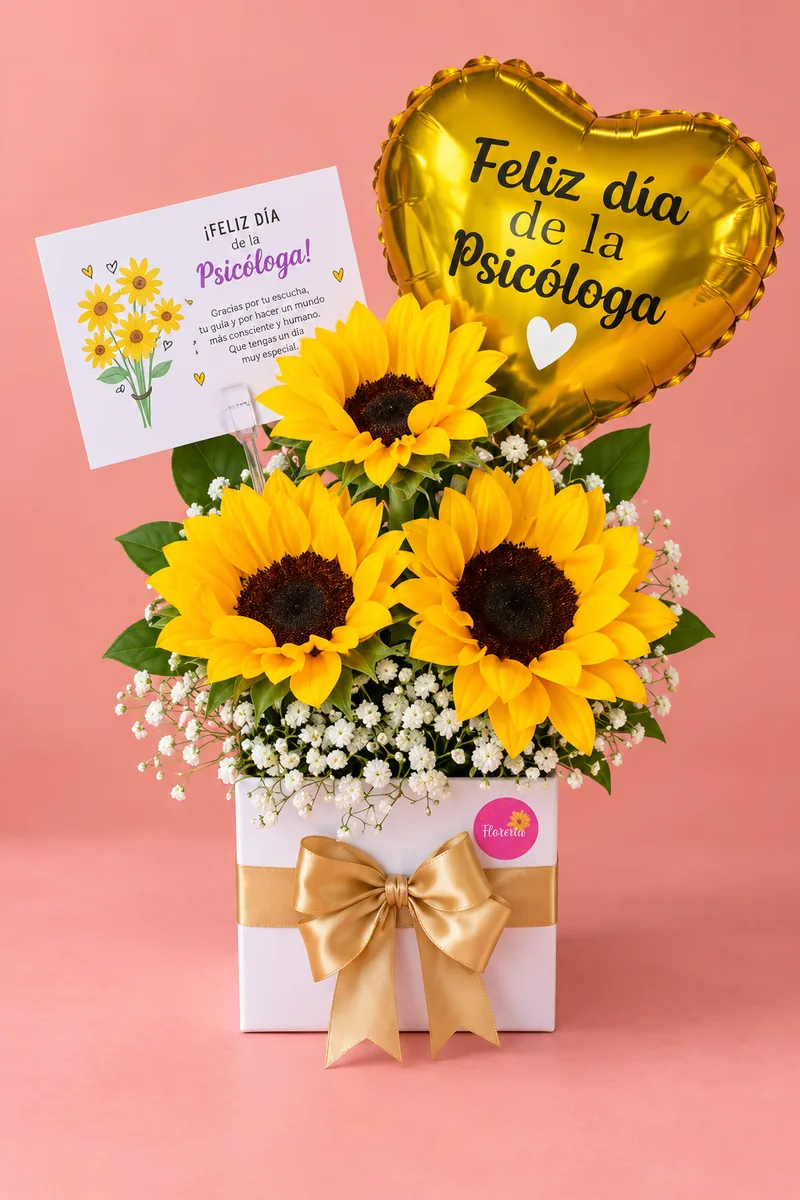 Caja de girasoles con globo de agradecimiento