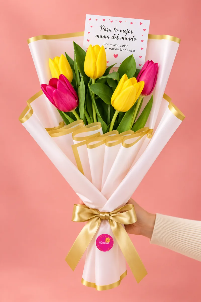 Ramo de cinco tulipanes amarillos y rosados