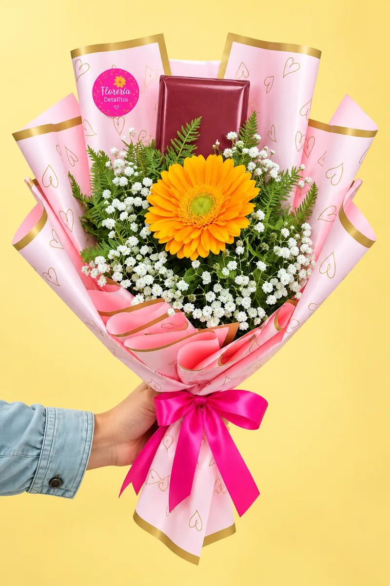 Ramo de gerbera amarilla con chocolate