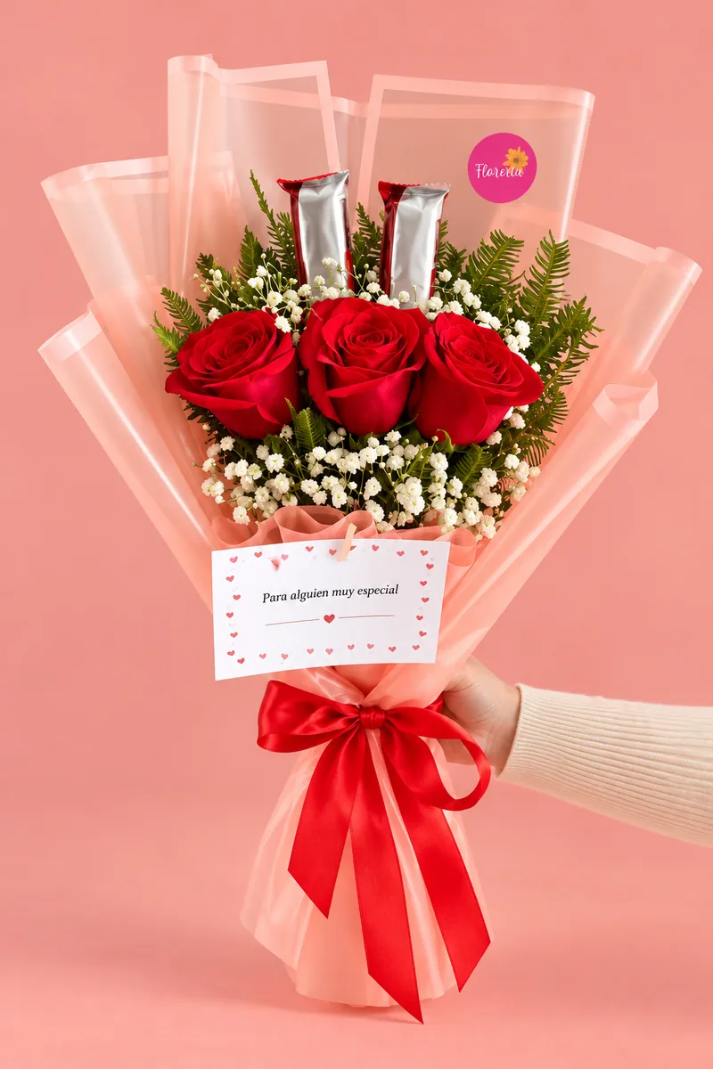 Tres rosas rojas con chocolates