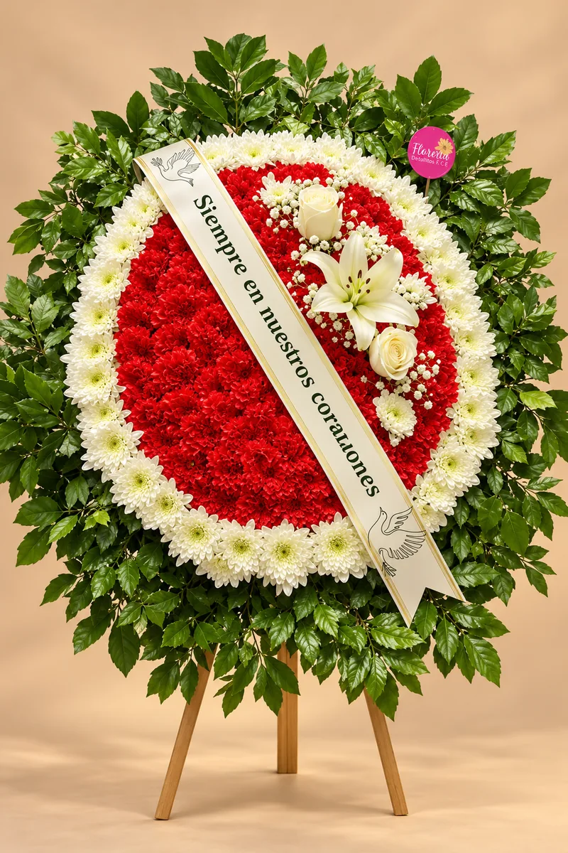 Corona floral de flores rojas y blancas