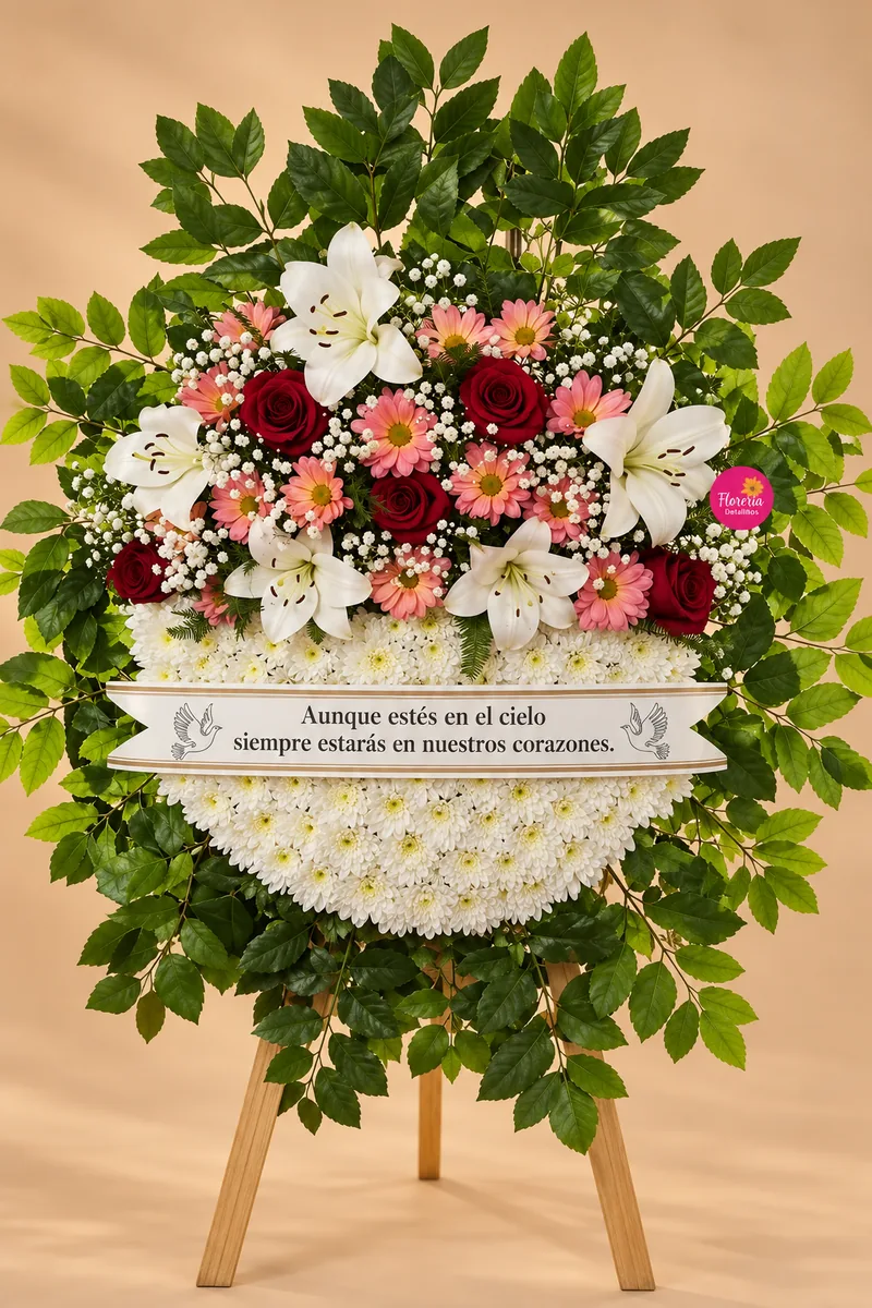 Corona floral de lirios blancos y rosas