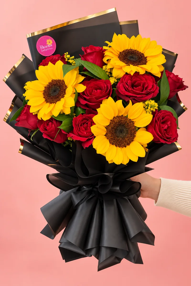 Ramo de girasoles y rosas rojas en papel negro