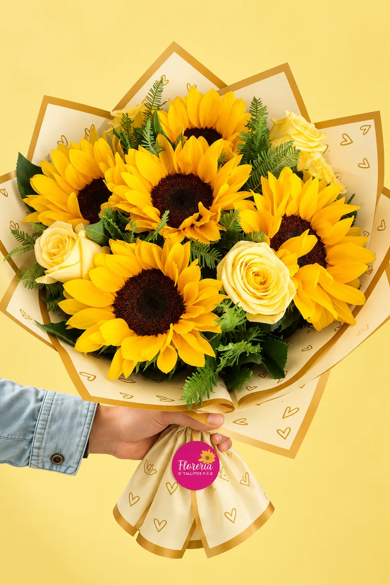 Ramo de girasoles y rosas amarillas