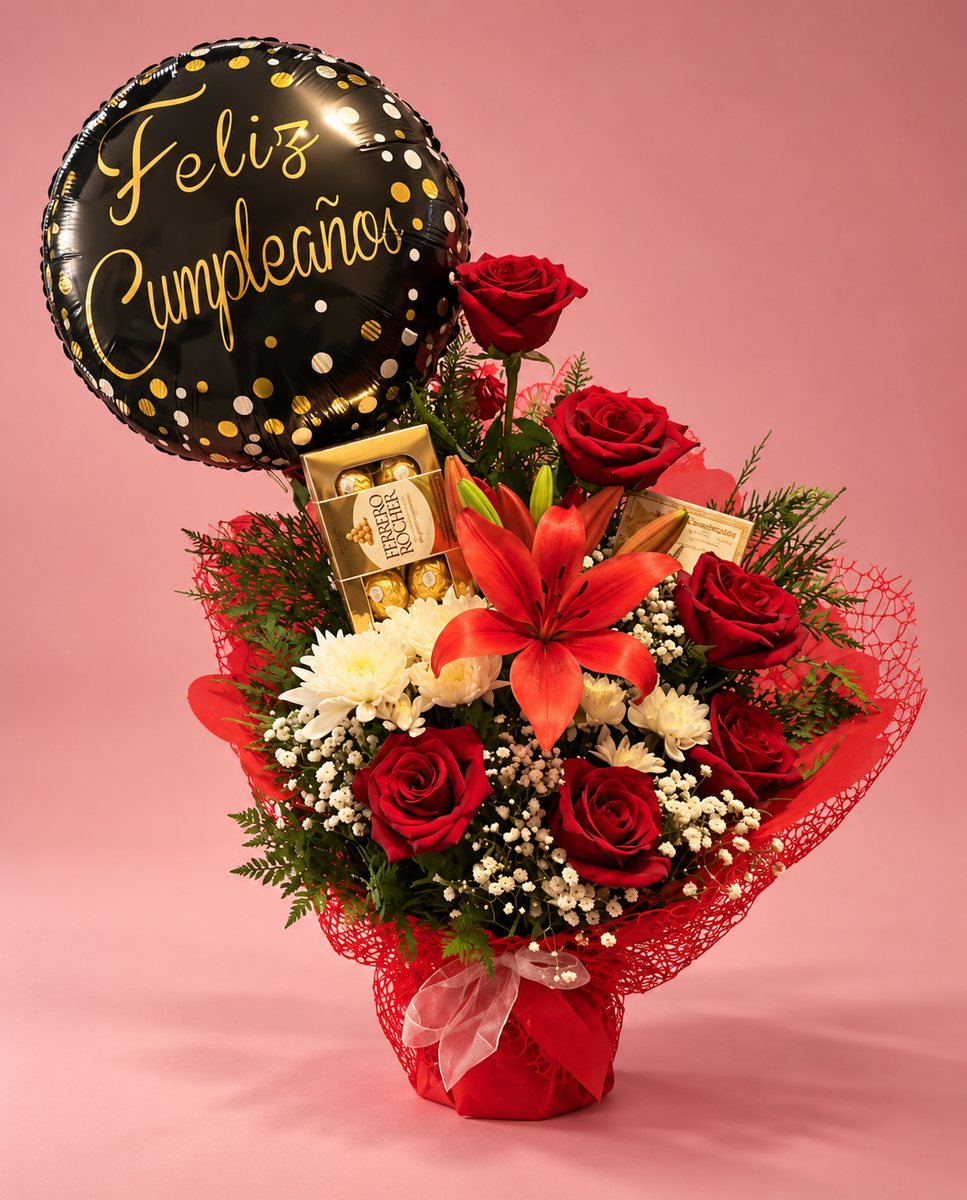 Arreglo de flores con chocolates y globo de cumpleaños