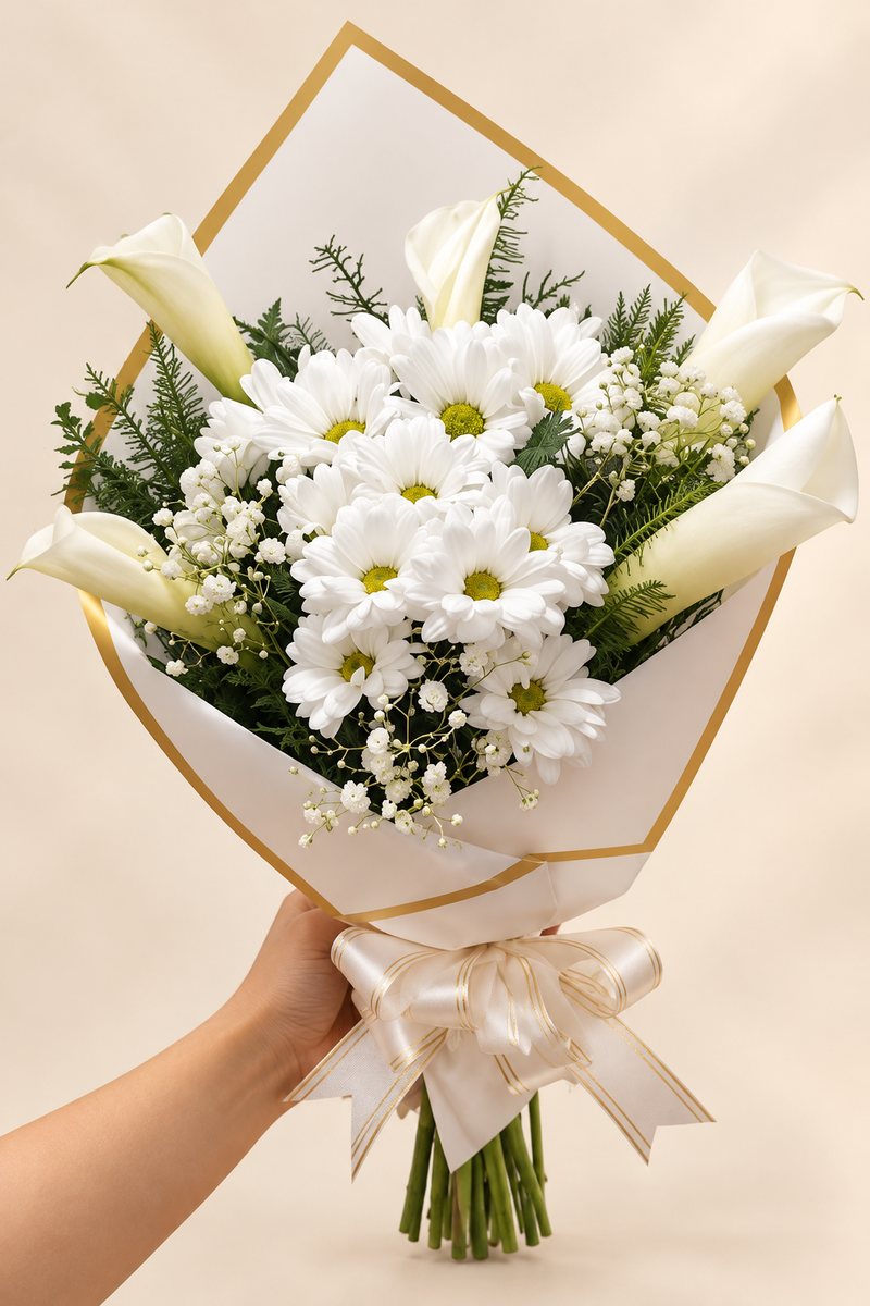 Ramo de calas y margaritas blancas