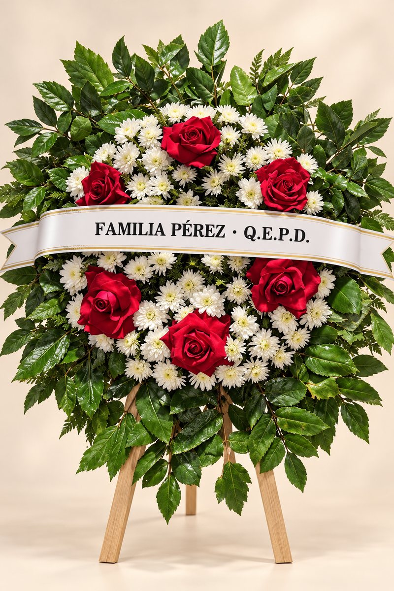 Corona de condolencias con rosas rojas y flores blancas