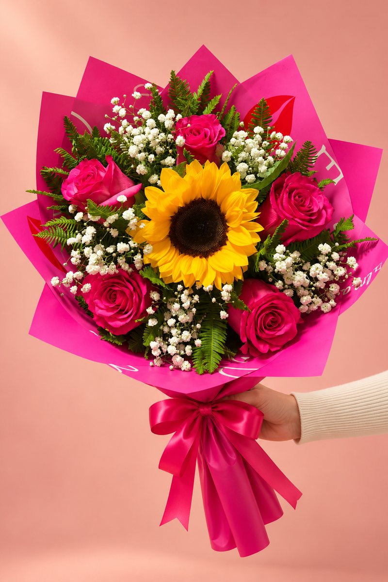 Girasol con cinco rosas fucsias