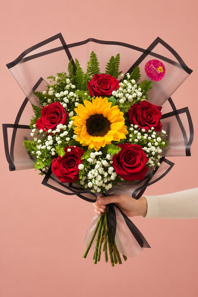 Ramo con girasol y rosas rojas