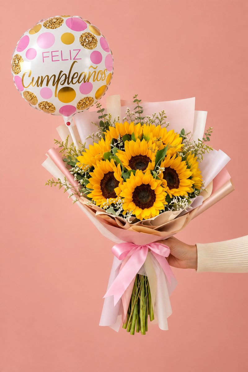 Girasoles y globo de cumpleaños