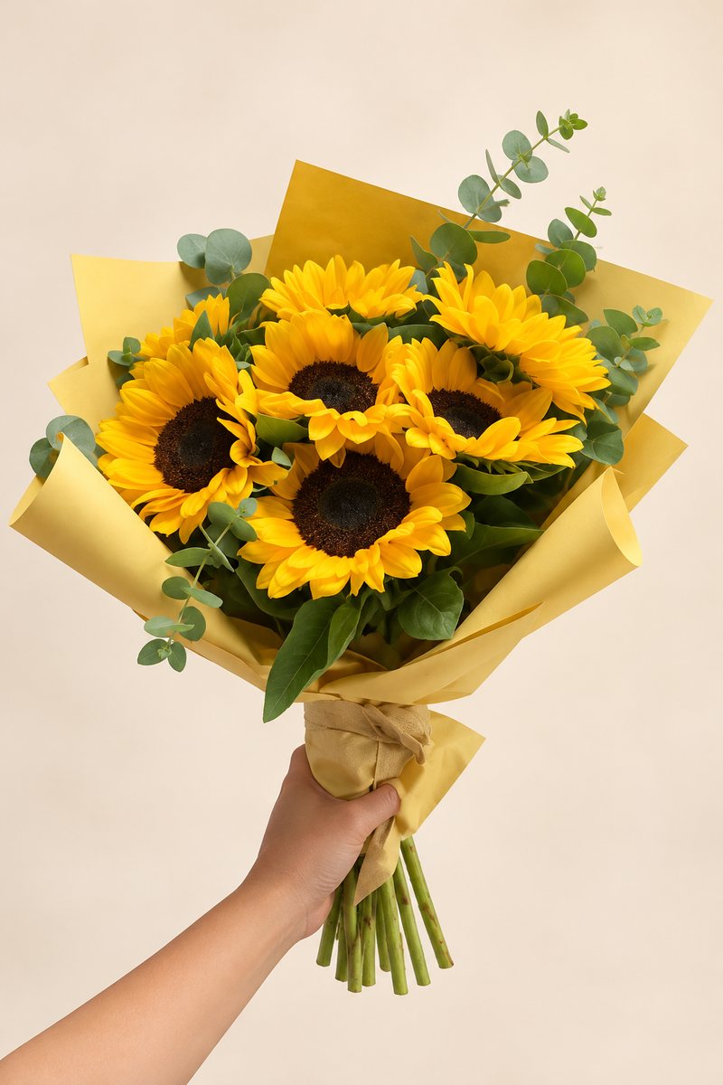 Ramo de girasoles en papel amarillo