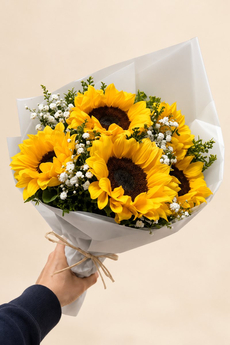 Ramo de girasoles en papel blanco