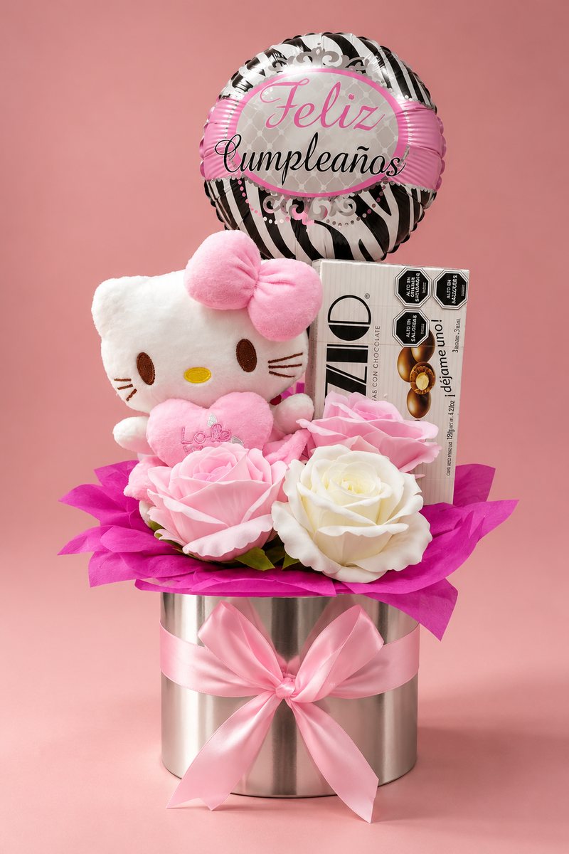Arreglo rosado con peluche Hello Kitty