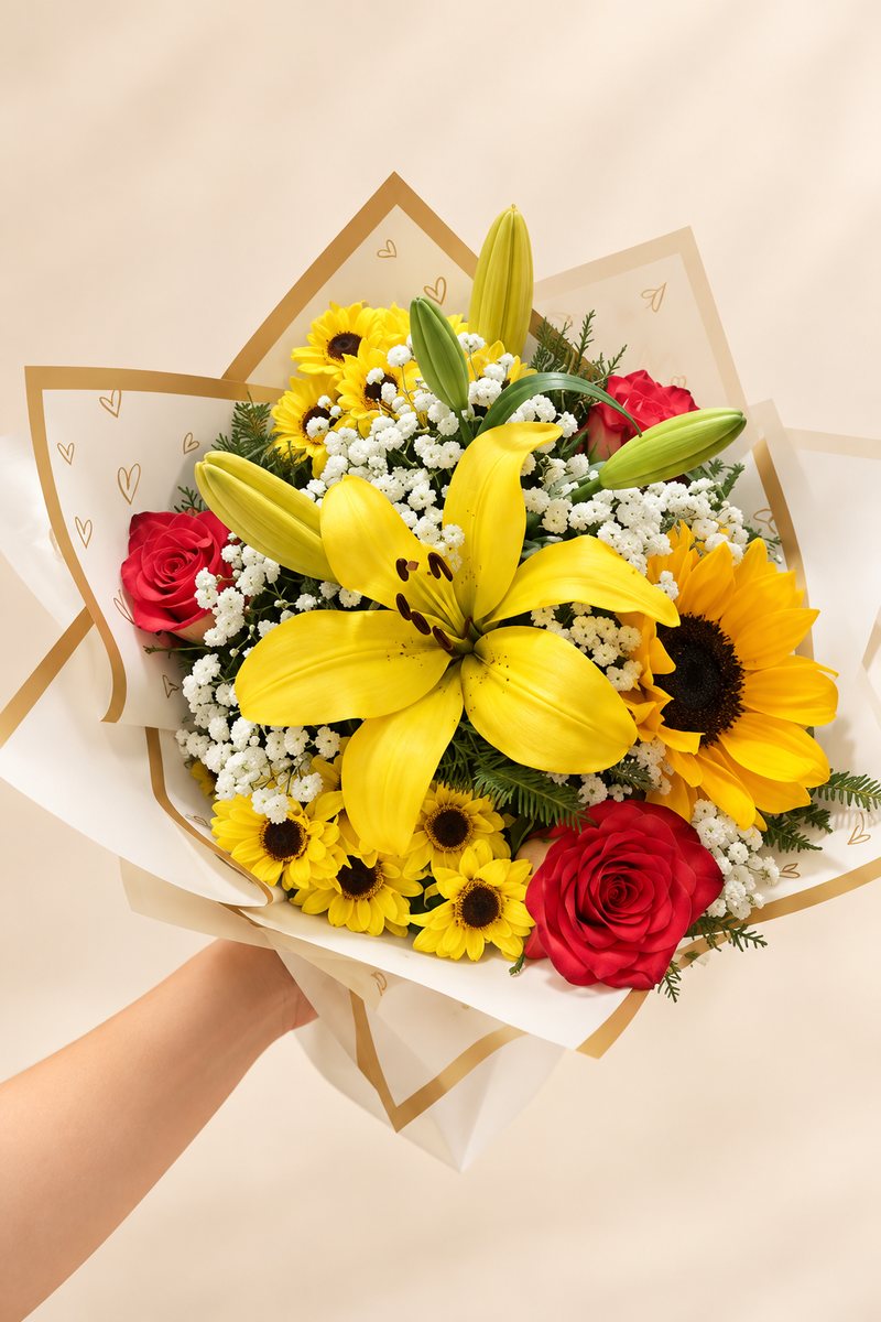 Ramo con lirio amarillo y girasoles