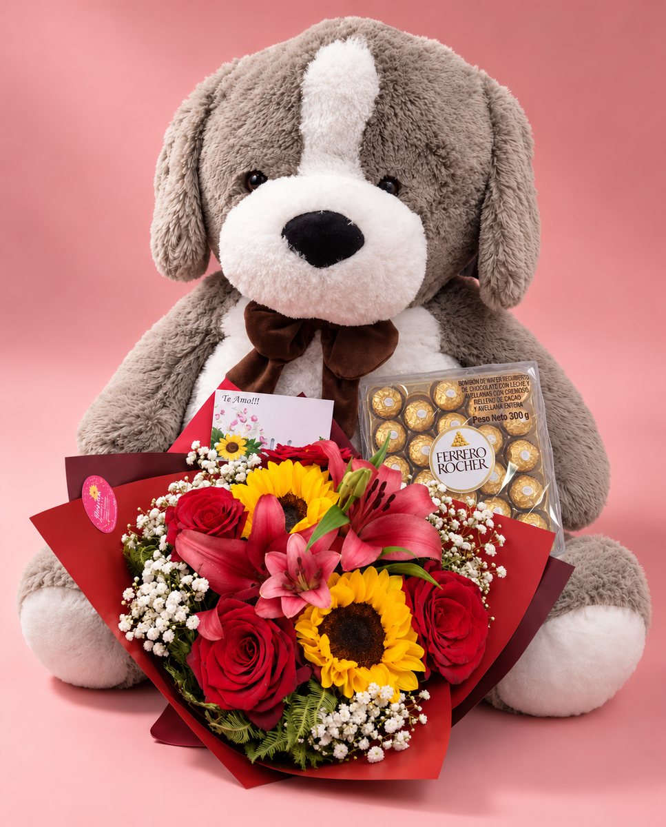 Perrito de peluche con flores y chocolates
