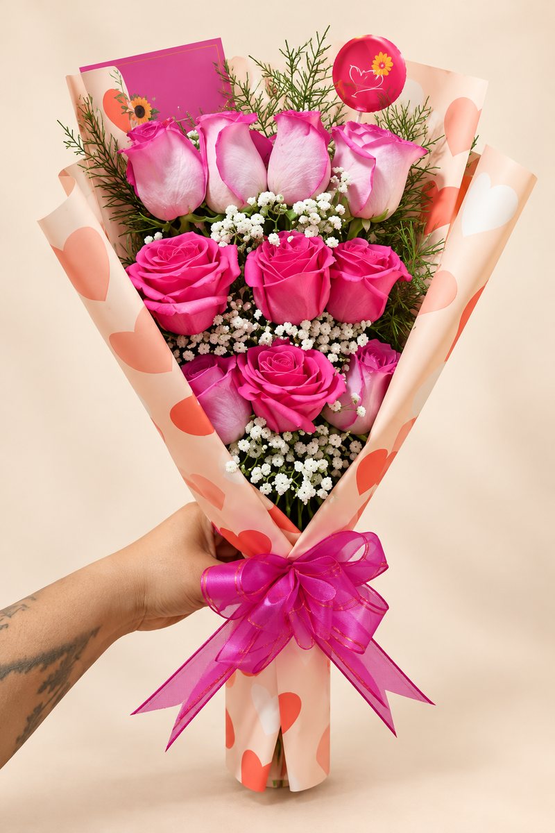 Ramo de rosas rosadas con corazones