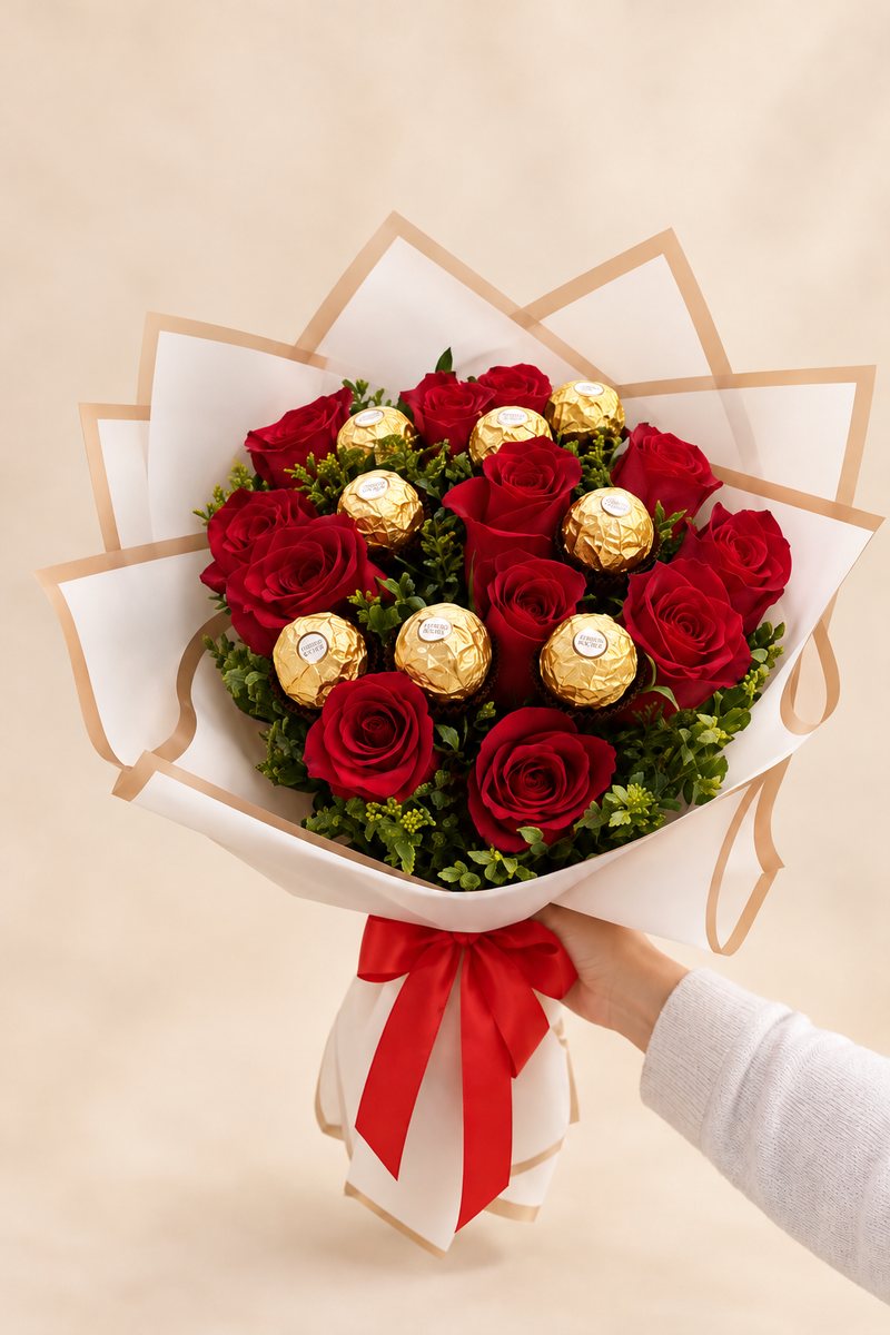 Ramo de rosas rojas con bombones