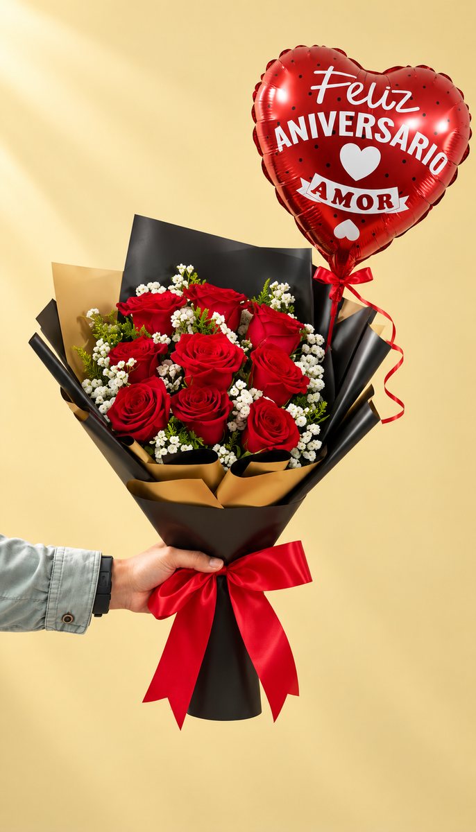Rosas con globo de aniversario