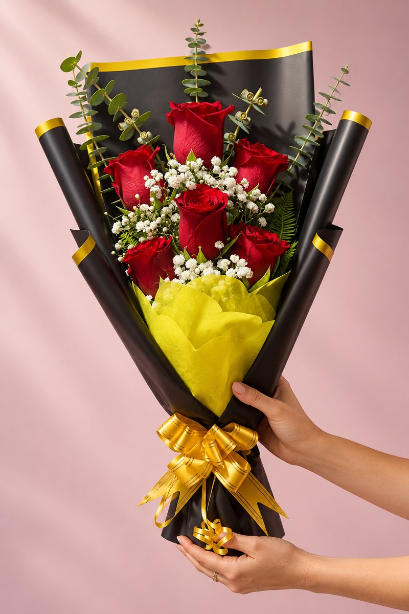 Seis rosas con envoltorio negro y dorado