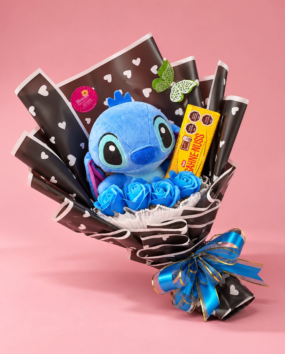 Arreglo con peluche Stitch y chocolates