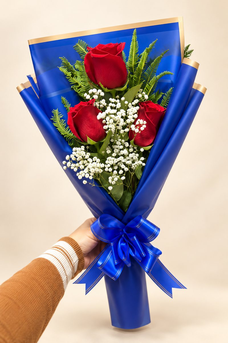 Tres rosas rojas en papel azul